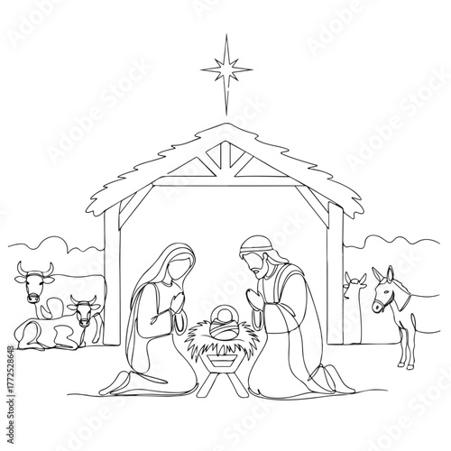 Biblical Nativity illustration with line art of Holy Family near manger and domestic animals in stable. Biblical Nativity story features Jesus, Mary,