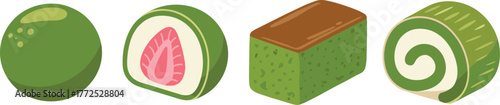 Matcha Japanese sweets, mochi, sponge cake, Swiss roll, green tea dessert, traditional treats, food illustration