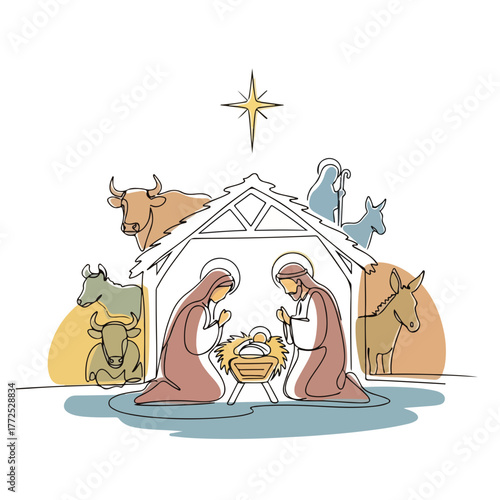 Depiction of biblical history showcasing nativity scene with baby Jesus, Mary, and Joseph in stable.
