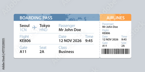Realistic illustration of airplane ticket boarding pass with passenger name and destination. Concept of travel, journey or business trip.