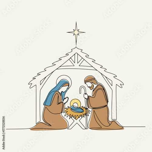Nativity scene depicting Mary, Joseph, and baby Jesus in stable. Nativity scene shows biblical figures in continuous line art style with star above the manger, symbolic of Christmas.