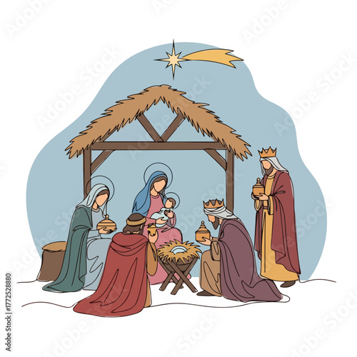 Nativity scene featuring Mary, Joseph, and baby Jesus in a manger with three wise men, showing biblical history.