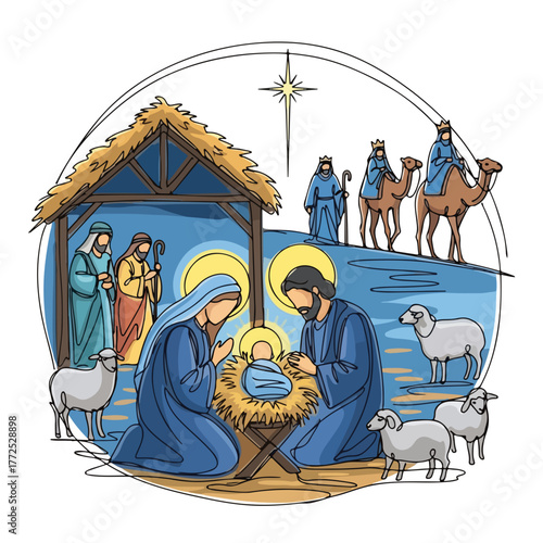 Depiction of biblical Nativity Scene with Mary, Joseph and baby Jesus in manger, along with three wise men and shepherds. Biblical Nativity Scene shows sacred family in stable with bright star above.