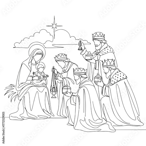 Nativity scene in single continuous line drawing showing Mary, baby Jesus, and three wise men. Nativity scene includes gifts of gold, frankincense, and myrrh, honoring birth and faith.