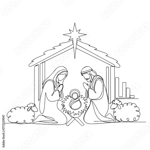 One line drawing of nativity scene showing baby Jesus in manger with Mary and Joseph praying. Nativity scene portrays significant religious event, depicting spiritual devotion to newborn baby.