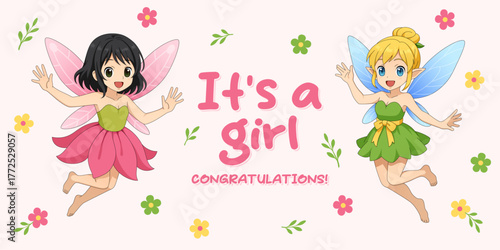 Baby shower invitation with fairies and lettering "It's a girl"