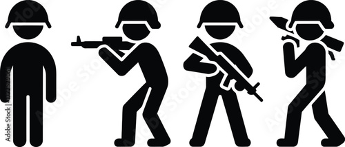 Silhouette figures of soldiers in combat poses ready for action and defense vector illustration