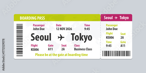 Realistic illustration of airplane ticket boarding pass with passenger name and destination. Concept of travel, journey or business trip.