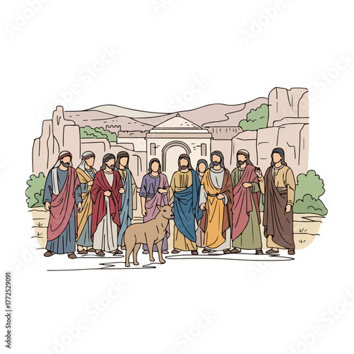 Biblical history depicted with a group of men gathered around a dog in an ancient setting. Biblical history shows the group in tunics, set against a backdrop of stone buildings and hills,