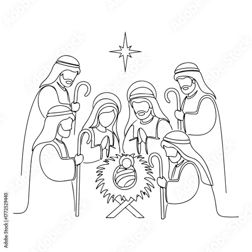 Biblical history scene in minimalist outline style of nativity scene with baby Jesus. Biblical history includes Holy family and shepherds under star of Bethlehem in continuous line.