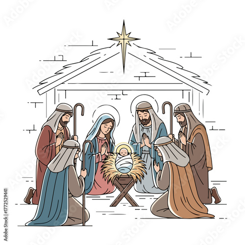 Nativity scene with Holy Family and shepherds in outline style for religious posters. Nativity scene depicts infant Jesus in crib with Mary, Joseph, and visiting shepherds in traditional robes,