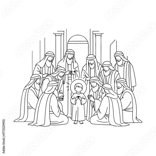 Biblical history illustration showing baby Jesus in temple surrounded by elders, depiction rendered with fine lines.