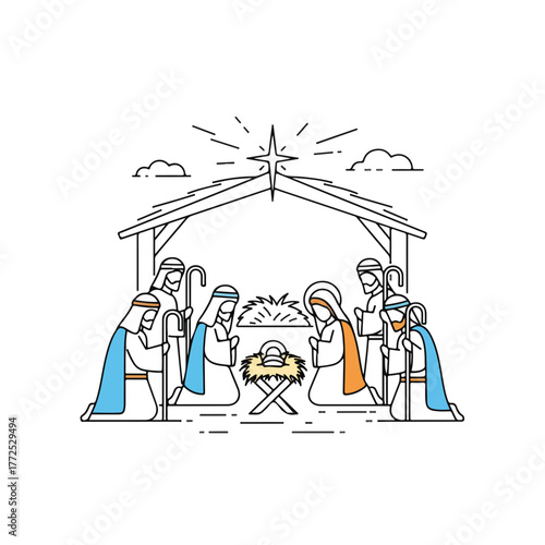 Nativity scene in outline with Holy Family and shepherds in minimalist style. The nativity scene showcases Joseph, Mary, and baby Jesus in a stable, surrounded by adoring shepherds.