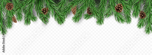 Vector frame with pine tree branches with cones and shadows, isolated on a transparent background. Holiday border fir tree branch for winter banner, poster, greeting card.