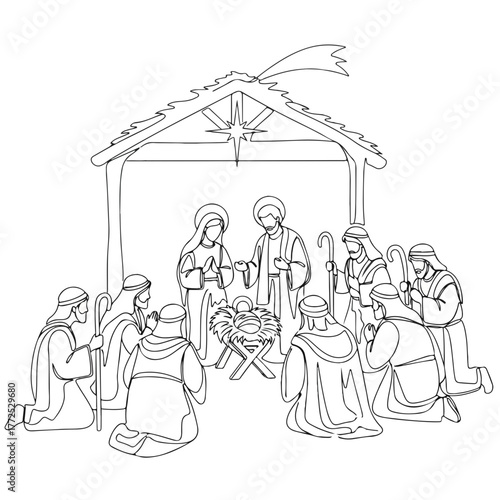 Biblical nativity scene depicting birth of Jesus Christ with Mary and Joseph. Biblical nativity drawing illustrates adoration of the shepherds and manger scene,