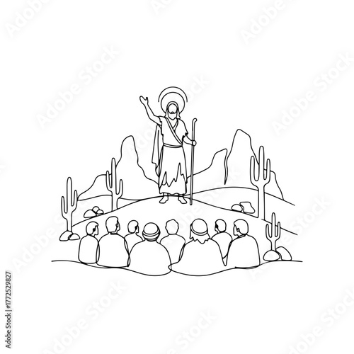 Line art illustration presents biblical history with figure on platform before audience. Biblical history artwork displays character with staff preaching to gathering amidst stylized landscape.