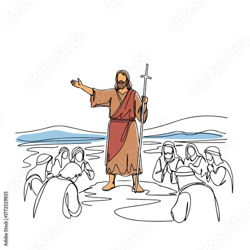 Biblical scene depicts Jesus Christ preaching to crowd on river bank. Jesus Christ shares sermon on mount in single line art style, spiritual leader teaches group of disciples about gospel.