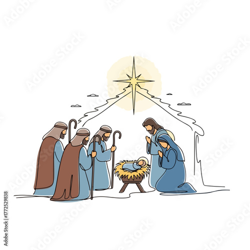 Depiction of Nativity scene showing baby Jesus, Mary, Joseph, and three wise men under shining star. Nativity scene illustration for biblical narrative of Jesus' birth in Bethlehem.