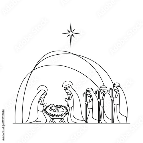 Depiction Nativity scene with Mary, Joseph and baby Jesus, along with magi following shining star of Bethlehem. Nativity scene shows holy family in stable, visited by wise men,