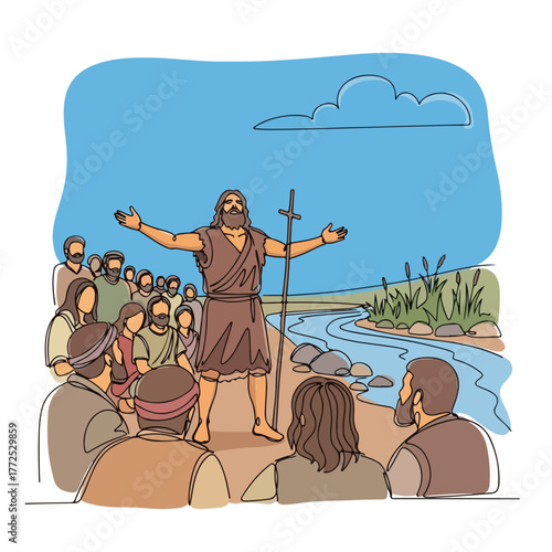 Biblical scene illustration showing John the Baptist preaching on riverbank with audience.