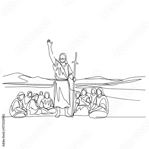 Biblical scene showing one line drawing of Jesus teaching to his disciples. Single line drawing of people listening to mentor. A historical scene, mentor speaks to group with teaching.