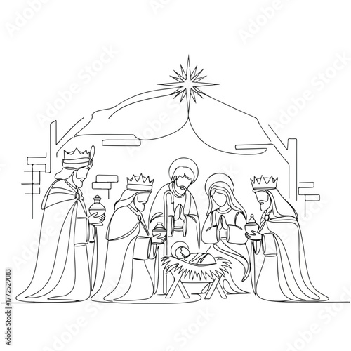 Biblical history depicted with continuous line art shows Nativity scene. Nativity scene features baby Jesus, Mary, Joseph, and three wise men with gifts,
