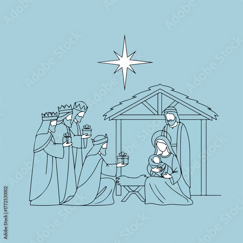 Biblical Nativity scene with Holy Family and Three Kings bearing gifts on light blue background. Nativity represents traditional Christmas scene with Joseph, Mary and baby Jesus, accompanied by Magi.