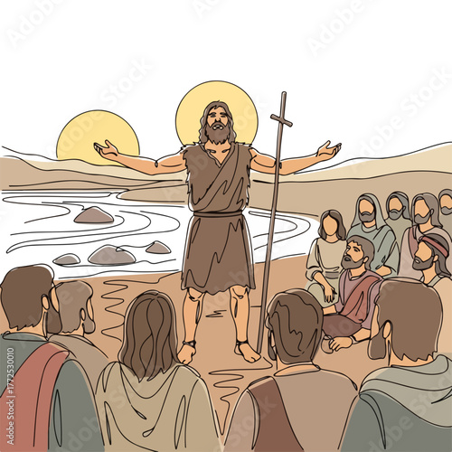 Single continuous line drawing of John Baptist preaching with sunset background, John Baptist is a biblical figure. John Baptist baptism sermon among followers, religious concept.