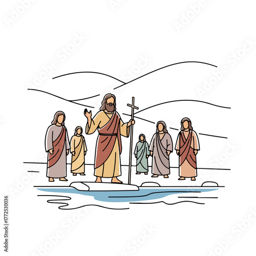 Biblical illustration of baptism scene in river with disciples and Jesus Christ. Scene from biblical history shows religious ritual, faith, and community.