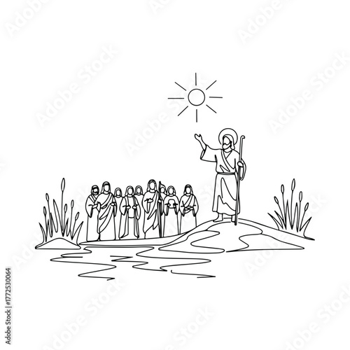 Biblical history depiction showing Jesus Christ preaching to crowd near water, standing atop land.