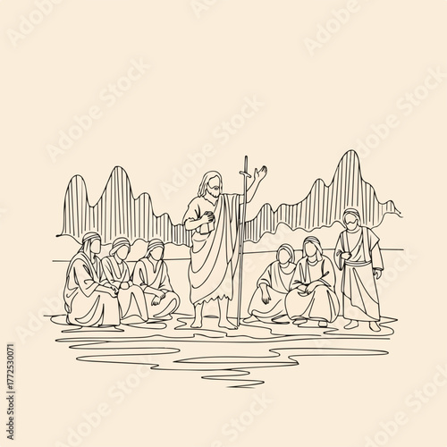 Biblical scene with Jesus and disciples in detailed outline illustration. Biblical scene illustration captures Jesus standing with staff and disciples gathered listening in desert landscape.