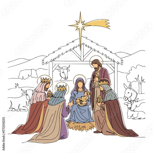 Nativity scene illustration depicts three wise men visiting baby Jesus in Bethlehem. Nativity scene reveals single line drawing of Mary and Joseph adoring baby,