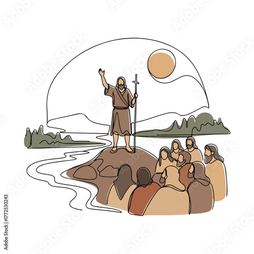 Biblical history unfolds in a one-line drawing of John the Baptist preaching near river, standing on the rocks to address listening crowd. He holds a cross as he delivers sermon,