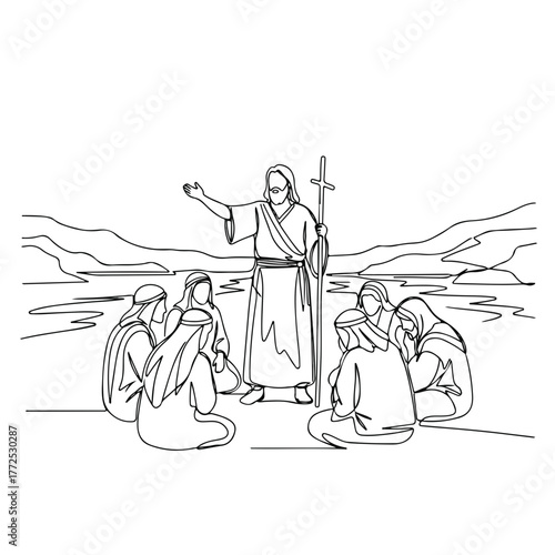 Biblical history scene depicts Jesus teaching his disciples near waters, rendered in simple line art. Biblical history shows Jesus in traditional robes, his arm raised in gesture,