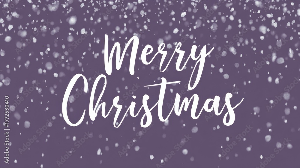 Obraz premium Merry Christmas calligraphy with heavy snowfall on a soft purple background.