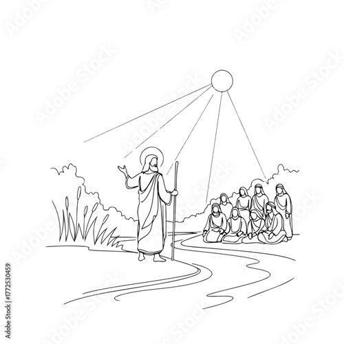 Drawing of biblical scene showing Jesus Christ by river with followers. Biblical history artwork depicts a religious leader speaking to people along riverbank under bright sun shining down,
