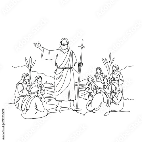 Biblical history shown with Jesus Christ preaching to his disciples in one continuous line drawing. Biblical history illustrated in single line art of Jesus Christ teaching a crowd on hillside,