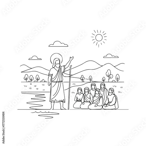Biblical history illustration shows religious leader speaking to group. Biblical history scene showcases spiritual guide addressing followers near water, with mountains and sun in background.