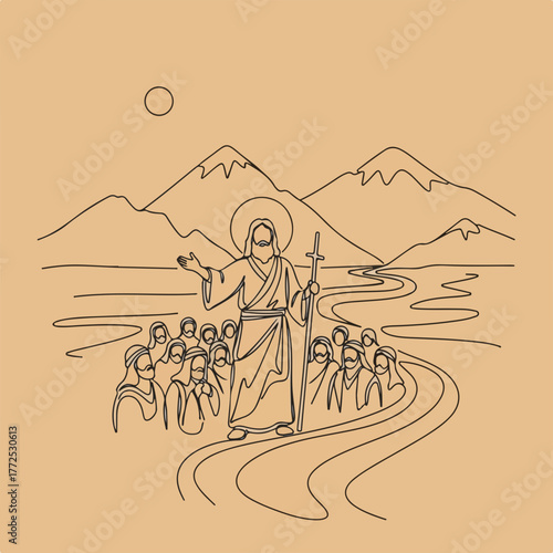 Biblical illustration shows Jesus Christ preaching on a hill, surrounded by followers. Jesus Christ preaches with majestic mountains and a flowing river in background.