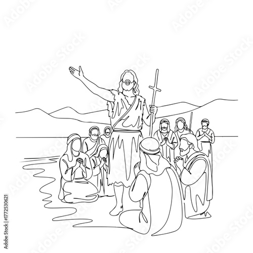 Single line illustration of John the Baptist baptizing people in a biblical scene of baptismal ceremony. Single line represents devotion and faith during sacred baptismal act.