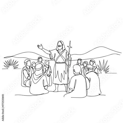Biblical figure preaching to crowd using continuous line drawing style with people listening attentively.