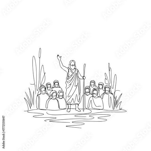 Religious ceremony line art shows baptismal scene, illustration presents religious figure performing baptism, one continuous line drawing. Religious ceremony shows moment from biblical history,
