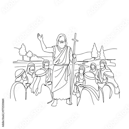 Linear illustration of biblical history featuring Jesus giving sermon to people in nature. Biblical history illustration depicts religious leader, Jesus, with his followers around river.