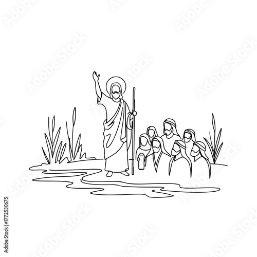 Biblical illustration showing Jesus Christ teaching his disciples, drawn with delicate lines, on waterside.