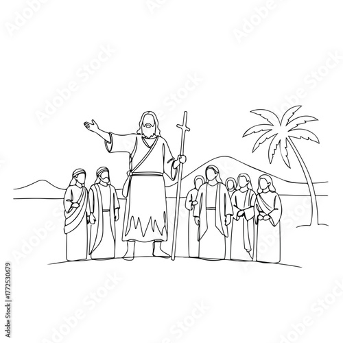 Biblical history depicted with Moses and followers illustrated in a single continuous line, a symbolic depiction of faith and leadership.