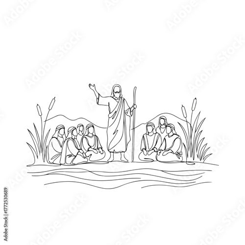 Biblical scene presents Jesus teaching his disciples by riverbank. Jesus Christ speaks to followers, gesturing with raised hand and holding staff in peaceful setting.