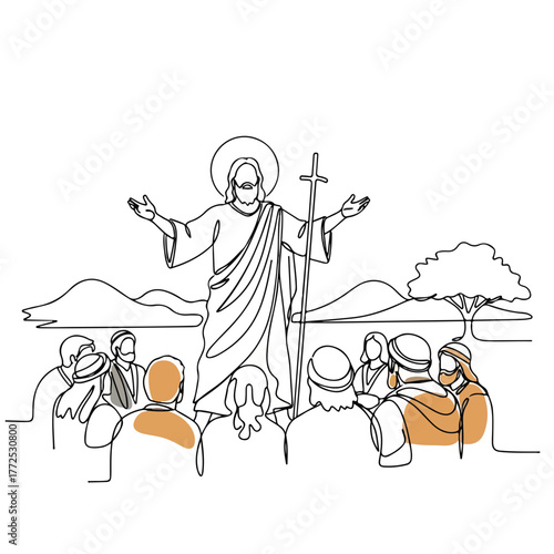 Single line drawing of Jesus Christ preaching to his disciples on mountains backdrop. Line art depicts spiritual teacher preaching to followers.