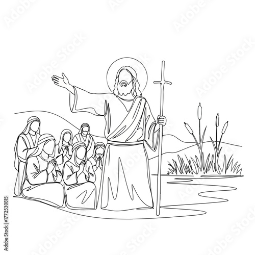 Linear biblical scene depicts John the Baptist baptizing Jesus in water. John the Baptist is shown with other biblical figures in this holy illustration.