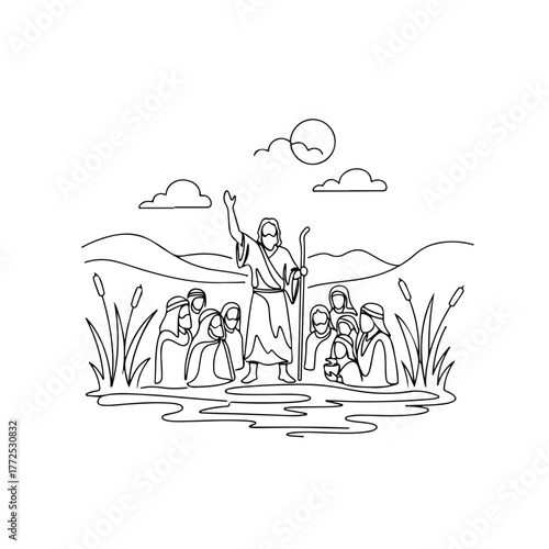 Biblical illustration of Moses parting the sea for biblical history shows miracle story with people escaping from Egypt. Parting the sea reveals divine power as Moses, holding staff,