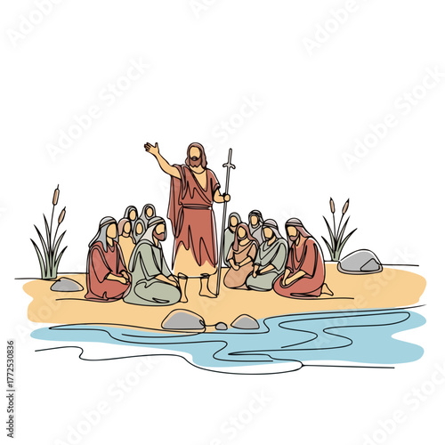 Biblical history scene featuring preacher standing on beach, addressing group kneeling around him by stream. Biblical history includes teachings, blessings, and guidance from spiritual leader.
